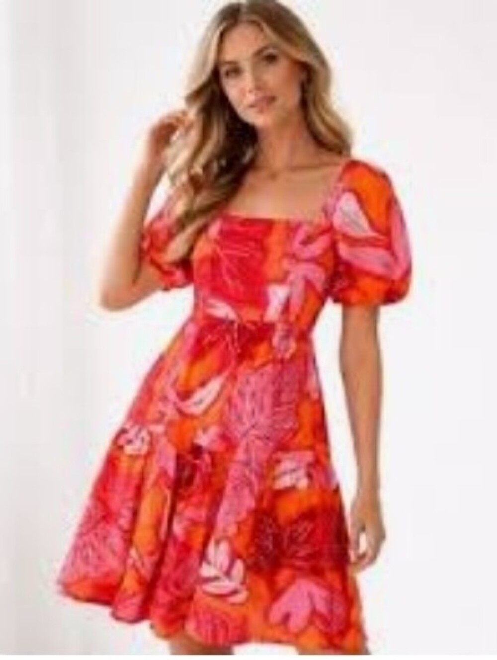 Women's Puff-Sleeve Tropical Floral Dress - Red & Pink
